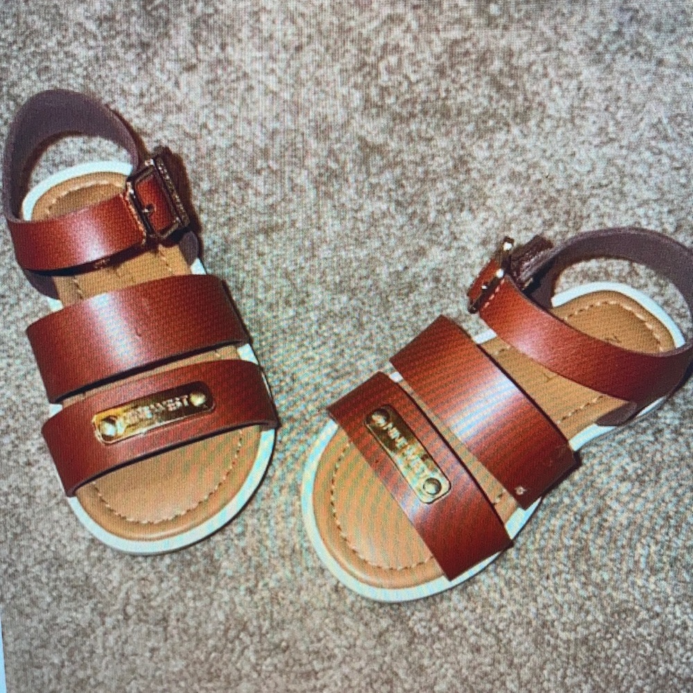 Nine West Kids Tan Brown Triple strap Sandals with Gold Accent